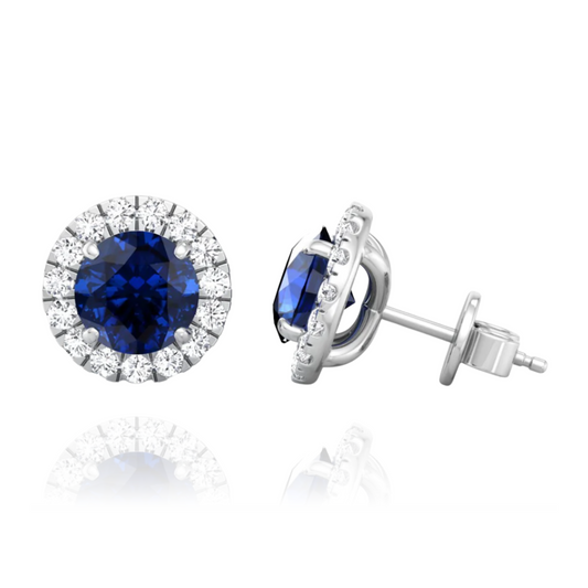 Blue Sapphire & Diamond Round Halo Earrings