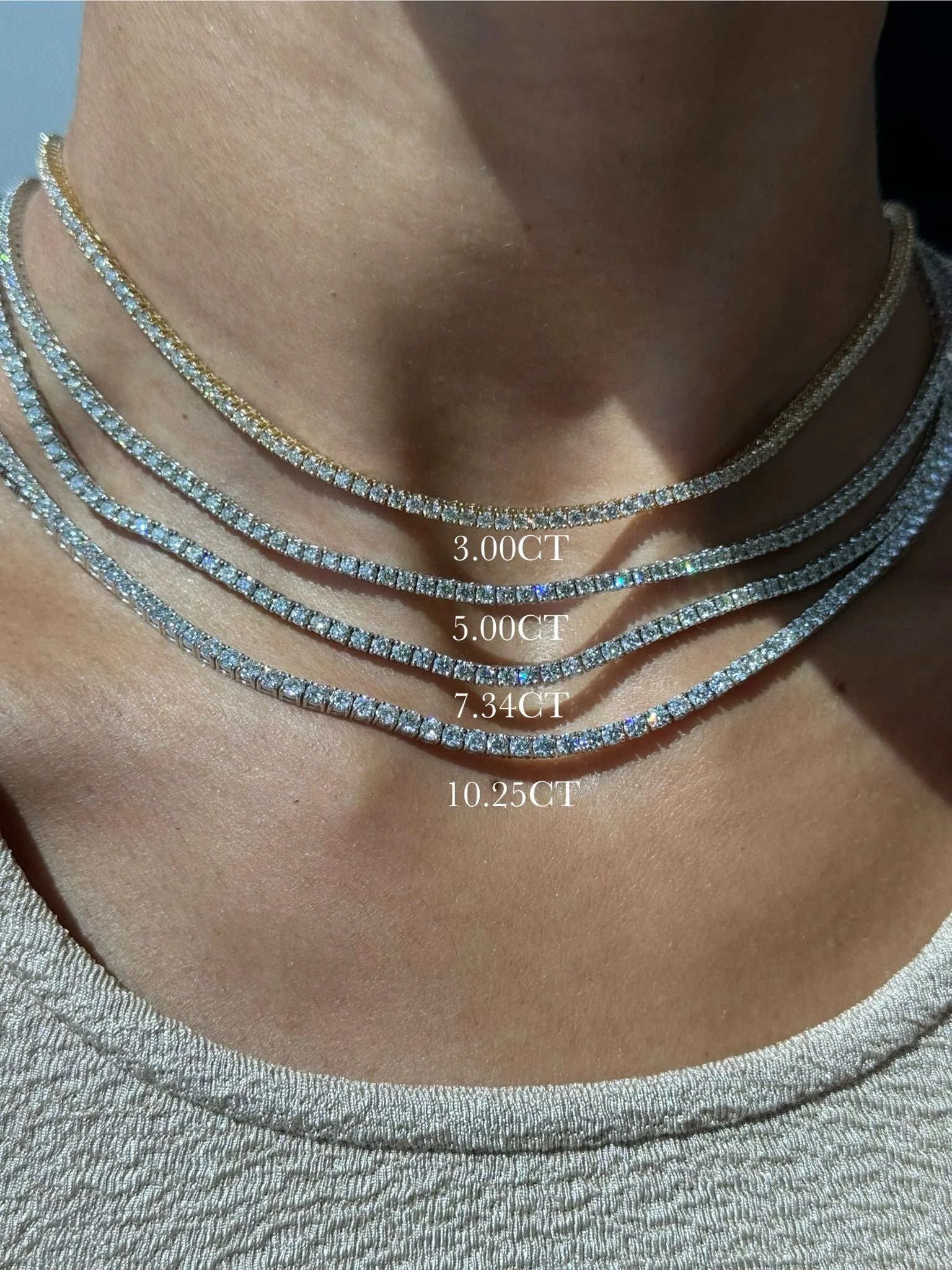 GOLD DIAMOND TENNIS NECKLACE CARAT SIZE VARIATIONS